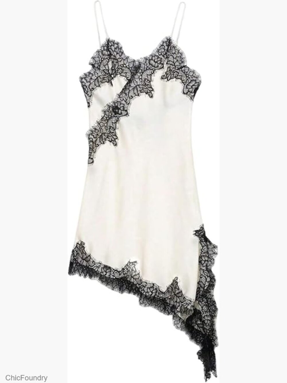 Satin Lace Dress Asymmetrical Hem Layering Top Slip Dress Date Night